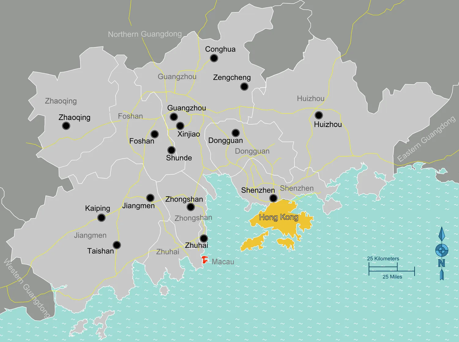 Map of South China with Hong Kong highlighted in yellow, surrounded by cities including Shenzhen, Macau, and Guangzhou, with neighboring provinces and bodies of water visible.